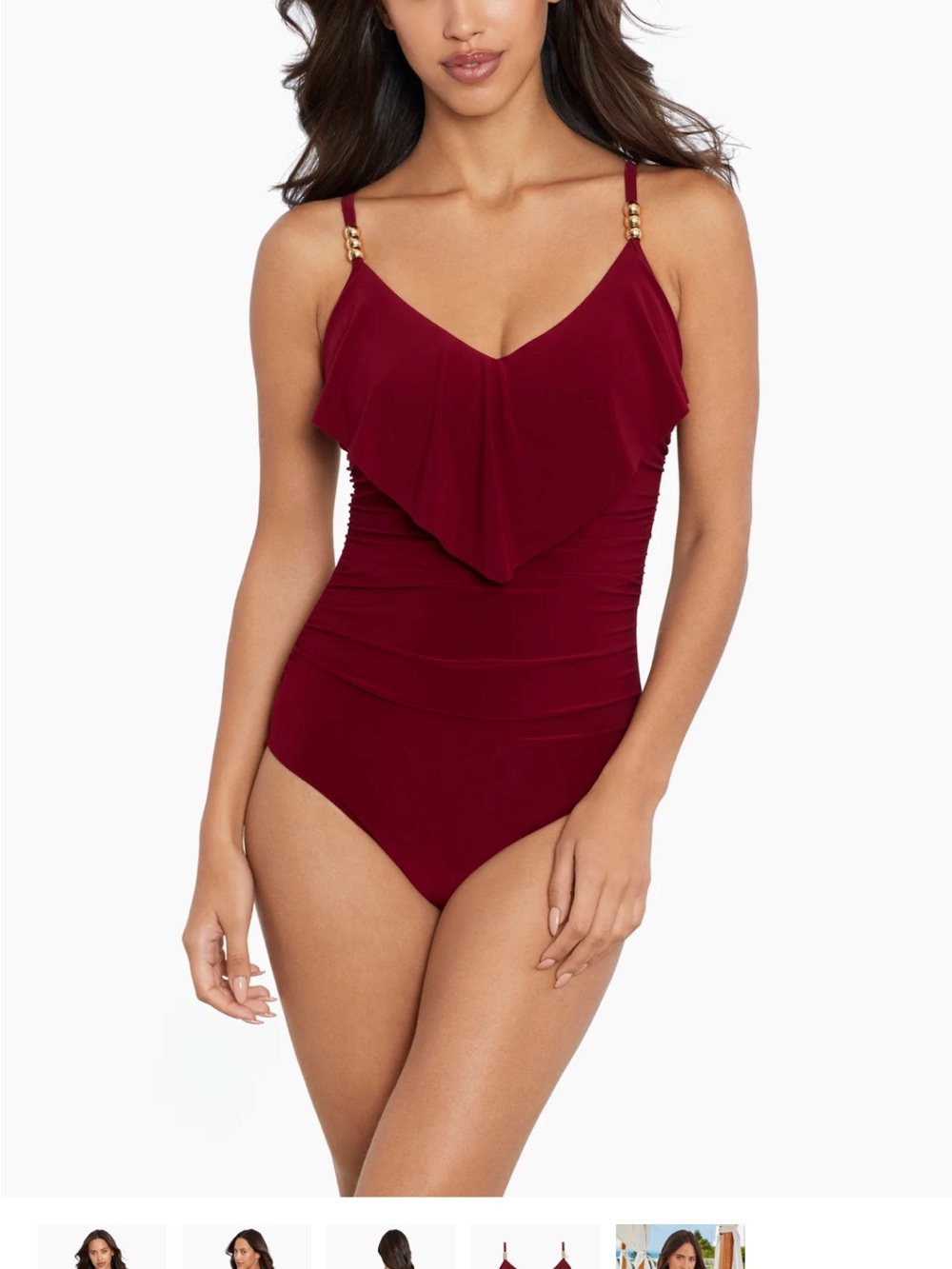 Magicsuit Burgundy Ruffle One-Piece Swimsuit with Gold Accents
